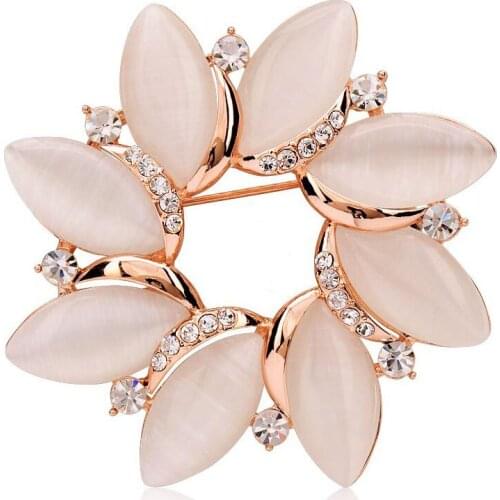 Stunning Clear Crystals Rhinestone And Opal Flower Brooch Fancy Gold Color Alloy Female Banquet Dress Jewelry Pins