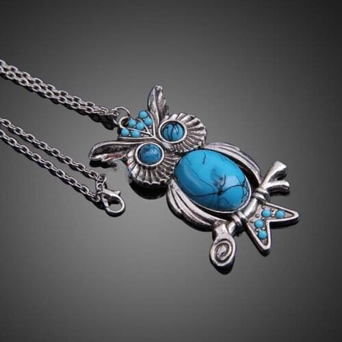 Retro Turquoise Owl Pendant 925 Silver Necklace Fashion Sweater Chain Jewellery Handmade Lucky Amulet Gifts for Men Woman