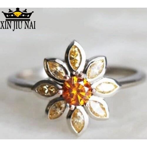 Silver 925 Cute Daisy Flower Yellow Zirocn Stone Silver Rings for Women Fashion Wedding Champagne gemstone Jewelry Best Gift