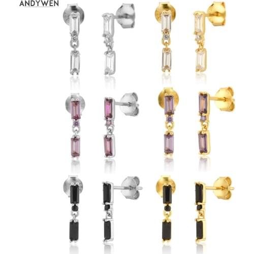 ANDYWEN 925 Sterling Silver Gold Two Zircon Stud Earring Mini Tiny Rock Punk Jewelry Clips Small Fashion Luxury Jewels Fashion