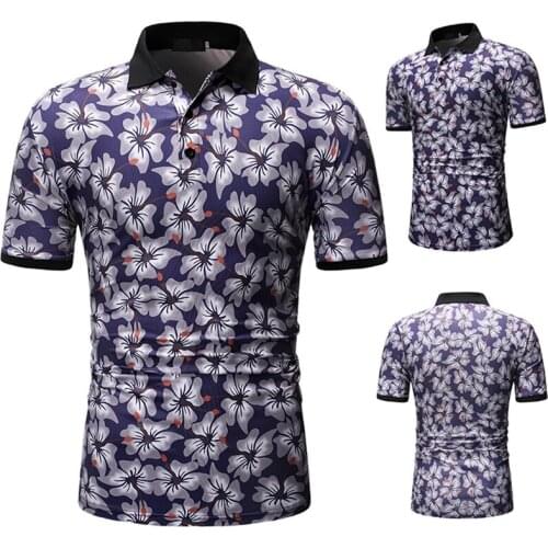 Spring and Summer Mens Casual Print Flowers T-Shirt Mens Short-Sleeved T-Shirt Lapel Casual Tops