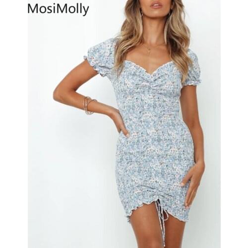 MosiMolly Chic Blue Floral Dress Women Shirred Dress Big Elastic Mini Dress Bodycon 2021 Summer Day Dress