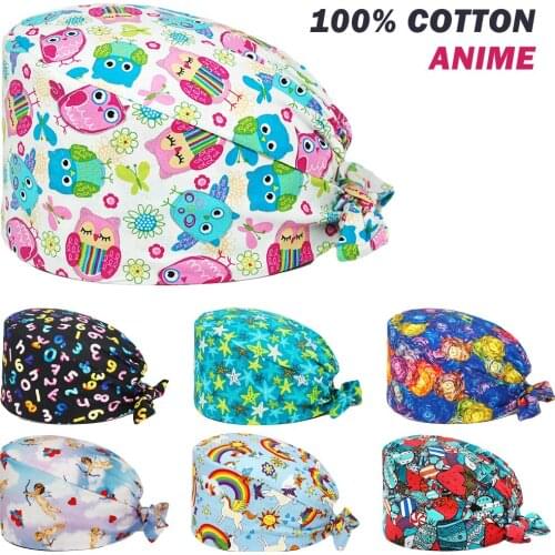 Scrubs Hats Pure Cotton Owls Printing Nursing Hat Adjustable Tie Back Beauty Salon Pet Shop Lab Working Scrub Cap for Women Men