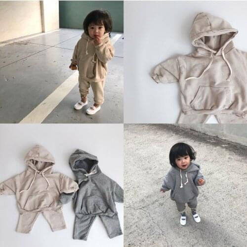 Baby Girls Boys Hoodies Sweatershirt Top + Pant 2PCS Tracksuit Pocket Grey Khaki Korean Style Infant Outfit Clothing
