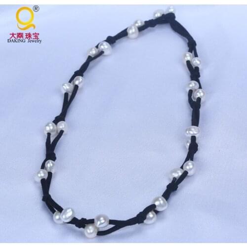 Trendy Korean velvet rope pearl necklace 7-8mm potato shape freshwater pearl beads women jewelry