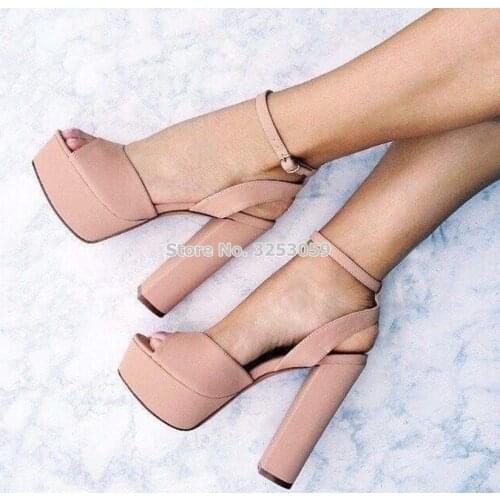 ALMUDENA Women Chunky Heels Nude Silver Platform Sandals Buckle Strap Open Toe Thick High Heels Slingback Dress Shoes Pumps