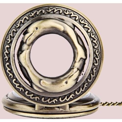 Vintage pocket watch large bronze lace hollow double dolphin head and tail connected pocket watch