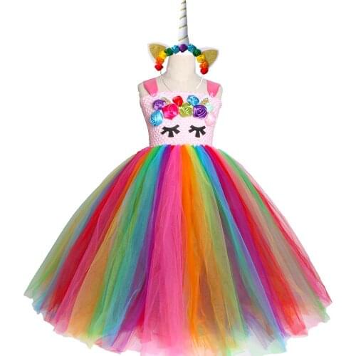 Bright Rainbow Unicorn Tutu Dress Princess Flower Girl Birthday Party Dresses Kids Girls Halloween Unicorn Costume Clothes 2-14Y