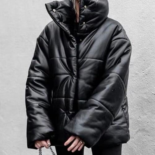 Women Imitation Leather Jacket Solid Color Long Sleeve Turtleneck Loose Coat