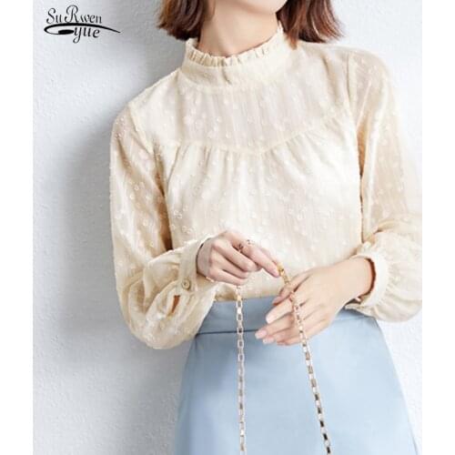 2021 Autumn Chiffon Shirt Lady Elegant Fairy Solid Long-sleeved Women Blouse Fashion All-match Blouse Female Camisas Mujer 15811
