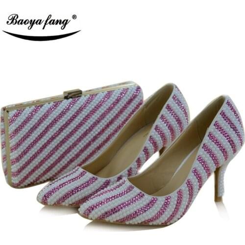 BaoYaFang Pointed toe Ladies Wedding shoes with matching bags fashion shoe and bag sets 8cm heel Bride party dress shoes
