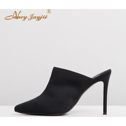 2019 Spring Black High Thin Heel Woman Shoes Large Size 11 12 Ladies Stiletto Pointed Toe Dress Casual Mature Sexy Fashion Mules