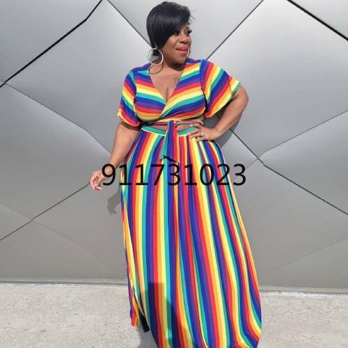 Plus Size 4XL 5XL Outfit For Women African Dashiki Striped Print Tops Skit Two Piece Set V-neck Sexy Robe Party Skirt Suit