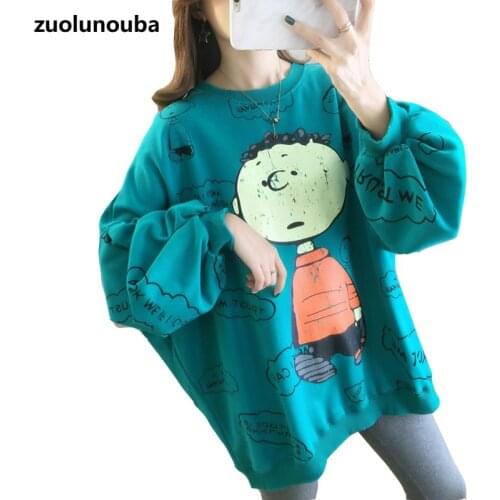 Autumn 2020 New Loose Korean Ladies Pullover Lazy Style Thin Round Neck Cartoon Loose Casual Mid-length Printed Women Sweatshirt
