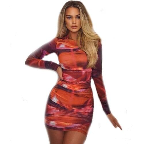 Sexy Long Sleeve Mini Dress for Women Spring Autumn High Quality Night Club Pleated Bodycon Dress Female