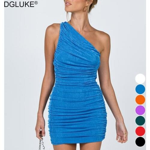 Sexy One Shoulder Mini Dress Summer 2021 Elegant Sleeveless Short Party Dress Women Ruched Bodycon Dress Blue Orange Red