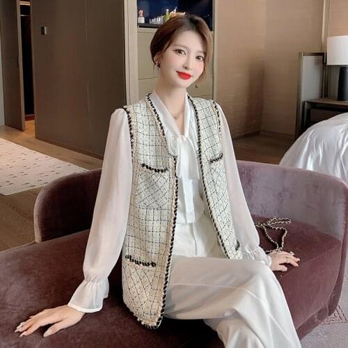 New Autumn Sleeveless Women Plaid Tweed Vest Lady Small Fragrance Pearl Beading Vintage Style Bright Silk Loose Vest Jacket