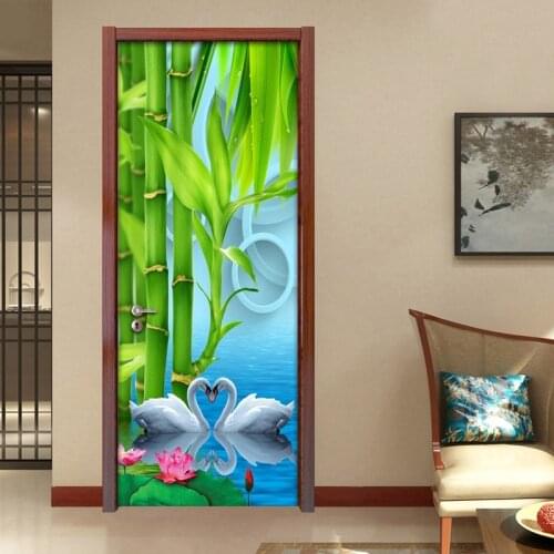 3D Bamboo Forest Swan Lotus Flower Modern Simple Living Room Bedroom Door Wall Decoration Mural Wallpaper Sticker PVC Waterproof