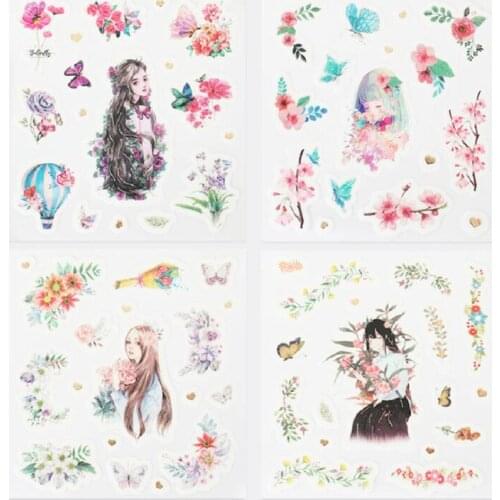 4 pcs/pack Flowers And Girl Decorative Stationery Stickers Scrapbooking DIY Diary Album Stick Label