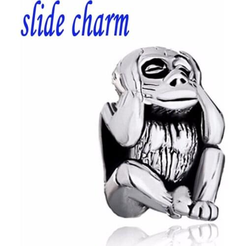 Slide charm Free shipping cover their ears does not listen to monkey animal charm beads fit Pandora bracelet