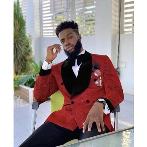 Handsome Design Shiny Red Men Suits Slim Fit Wedding Groom Tuxedos 2 Pieces Formal Double Breasted Prom Party Suits Jacket+Pants
