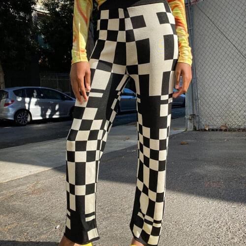 Summer Womens Irregular Plaid Long Pant Vintage Black High Waist Knitted Female Trouser Summer Y2K Style Streetwear Sweatpant