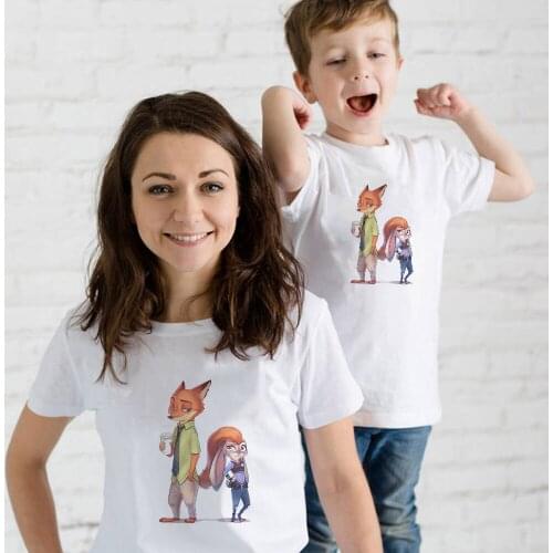 Famliy Look Zootopia Cartoon T shirt Children Harajuku Cute Kawaii Judy Rabbit Nick Fox Casual Outfit Fashion Girl Boy Tops