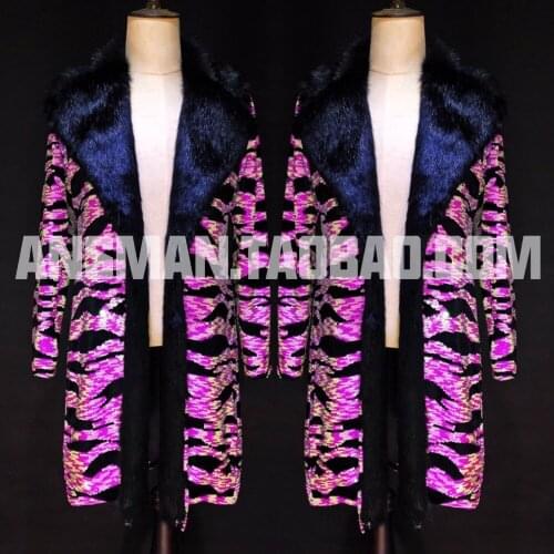 S-6XL!!Atmosphere bar nightclub men show performance clothing fluorescent pink dazzle color fur show coat