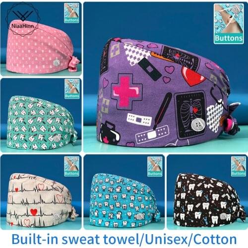 Cotton Print Scrubs Hats Laboratory Operator Cap Pet Grooming Agency Work Scrubs Caps Beautician Scrub Hats Lab Hat Health Caps