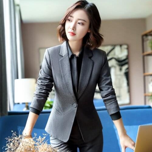IZICFLY New Fall Trouser And Jacket Blazer Two Piece Set Work Wear Spring Elegant Business Office Women Pant Suit Gray