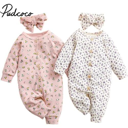 Infant Baby Girls Romper with Hairband, Kids Flower Print O-Neck Long Sleeve Jumpsuit+ Headband for Spring Fall, 0-18 Months