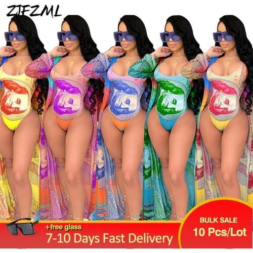 Bulk Items Wholesale Lots Womens Set Beachwear Money Dollar Print One Piece Bodysuit+long Sleeve Cover Up Swimwear 2 Pcs Suit