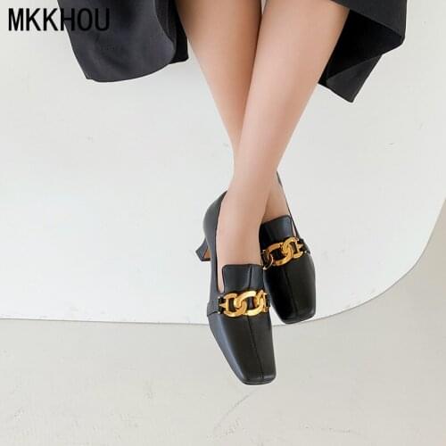 MKKHOU Fashion Single Shoes Womens New Fall Genuine Leather Square Toe Metal Chain Comfortable Mid-heel Shoes French Style
