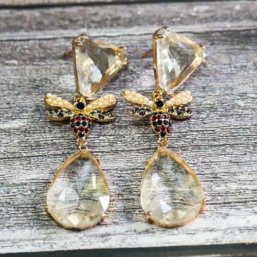 Fashion Geometric Water Drop Zircon Crystal Bee Earrings Ladies Korean Gold Color Flying Dragonfly Drop Earring Brincos Z4D347