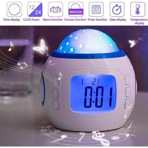 Creative Unique Alarm Clock Children Baby Room Music Starry Sky Projection Night Light Projector Color Change Bedside Lamp Clock
