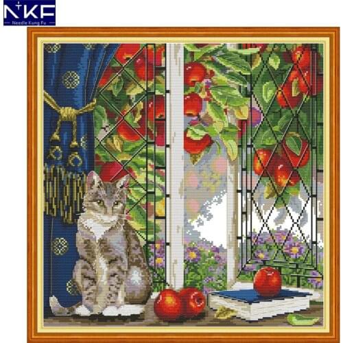 NKF Cat on The Windowsill Cross Stitch Set Handmade Craft Needlework Cross-Stitch Embroidery Kit Cross Stitch for Home Decor
