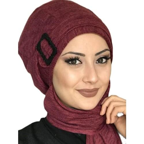 New Fashion 2021 Women Headscarf Scarf Kerchief Hat Bone Hijab Islamic Clothing Cherry Red Buckle Scarfed Beanie Shawl
