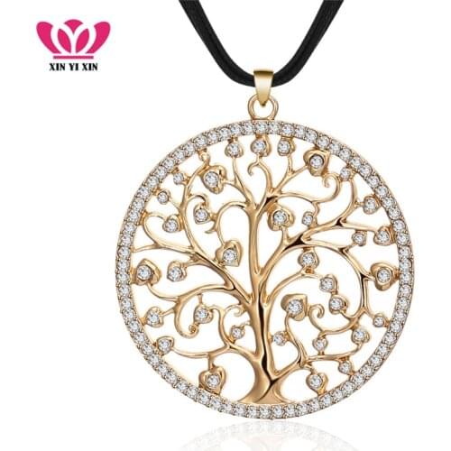 Crystal Tree of life Big Round Pendant Necklace For Women Gold Multi-layers Leather Chain Necklace Fashion Jewelry Girl Gift