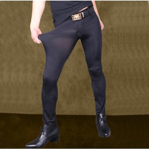 Sexy Men Transparent Pants Ice Silk See Through Elastic Tight Trousers Silky Pencil Pants Erotic Lingerie Club Gay Wear F90