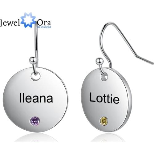 JewelOra Personalized Name Earrings with 2 Birthstones Custom Engraving Name Dangle Earrings Bridesmaids Wedding Gift for Her