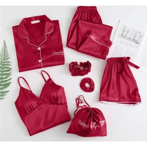 Lingering Warmth Sexy Solid Color Womens 7 Pieces Pajamas Sets Faux Silk Striped Pajamas Sleepwear Sets Spring Summer Homewear