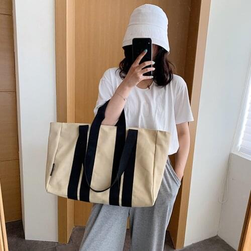 Solid Canvas Handbag Women Pannelled Square Shoulder Bag Large Capacity Tote Ladies Summer Casual Daily Shopping All-Match Purse