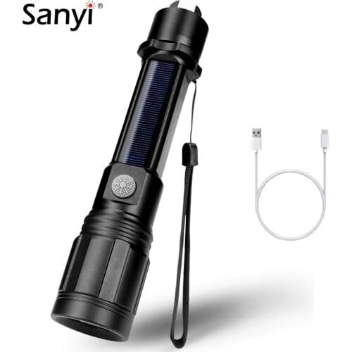 LED Handheld Tactical Flashlight 3 Mode Solar Torch USB/Solar Charging Camping Lamp With Built-in Battery Safey Hammer Hand Rope