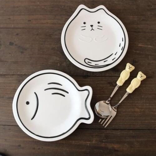 Three-dimensional Relief Ceramic Cat and Fish Plate/Dessert Plate/Dinner Plate/Childrens Plate