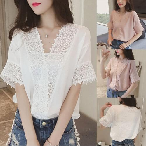 Women V Neck Lace Blouse Short Sleeves Hollow Chiffon Loose Shirt All-match Tops -OPK