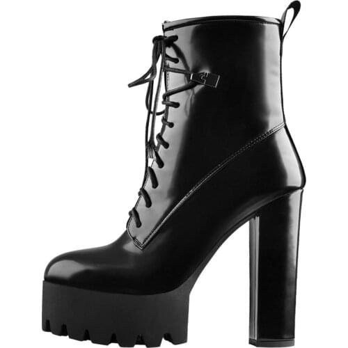 Women Platform Lace Up Ankle Boots Round Toe Motorcycle Patent Leather Chunky High Heel Booties Gift to Wife Daughter Girlfriend