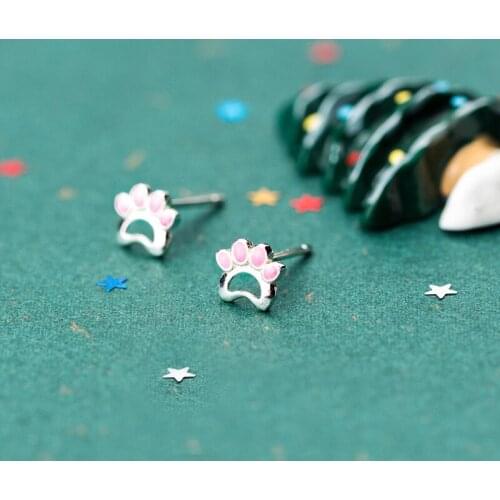 MloveAcc Cute Pink Cat Paw 925 Sterling Silver Stud Earrings for Women Girls Small Studs Earrings Wholesale