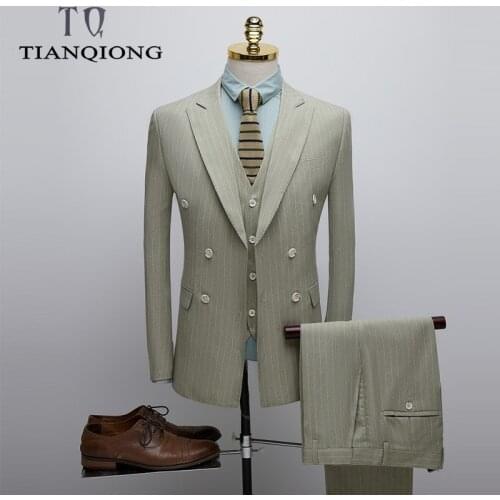 TIAN QIONG Mens Striped Suit Wedding Suit Man Slim Fit Three Piece Mens Dress Suits Business Formal Double Breasted