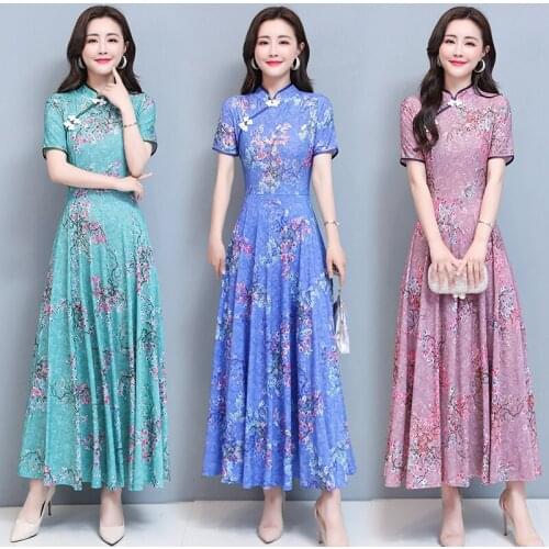 Summer Vintage Print Chinese Style Evening Dress Women Bodycon Party Vestido 2021 Floran Chiffon Casual Boho Beach Maxi Sundress