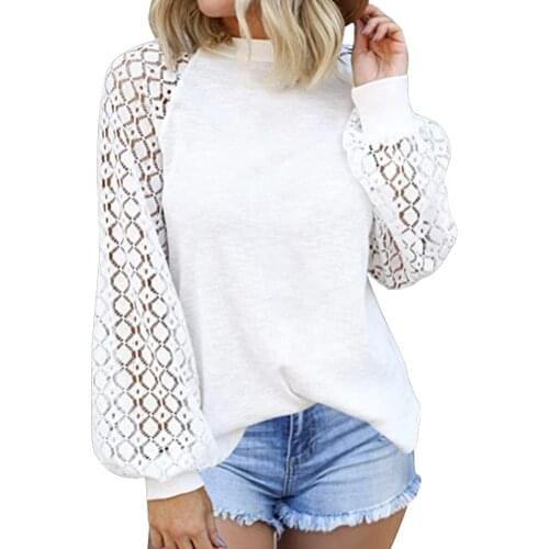 40#Ladies Blouses Fashion Round Neck Lace Hollow Long Sleeve Casual Loose Pullover Flannel Shirt Women cuellos falsos de mujer
